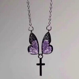 Eternal Night Black & Green Butterfly & Cross Pendant Necklace Collarbone Chain
